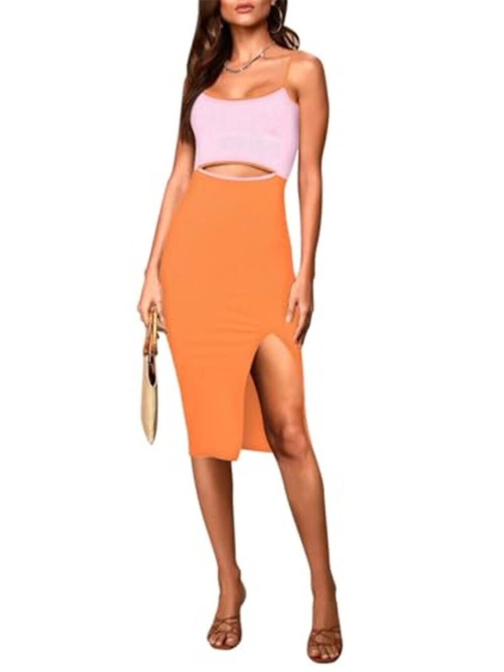 Women's Spaghetti Strap Cutout Side Slit Ribbed Knee Length Bodycon NEW